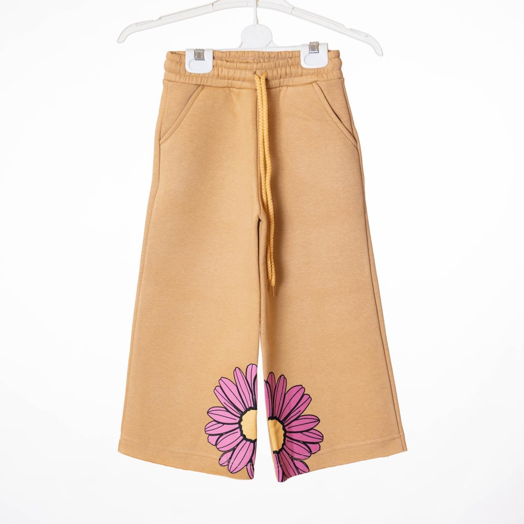 KS22332 Pantalon bas large fleur beige
